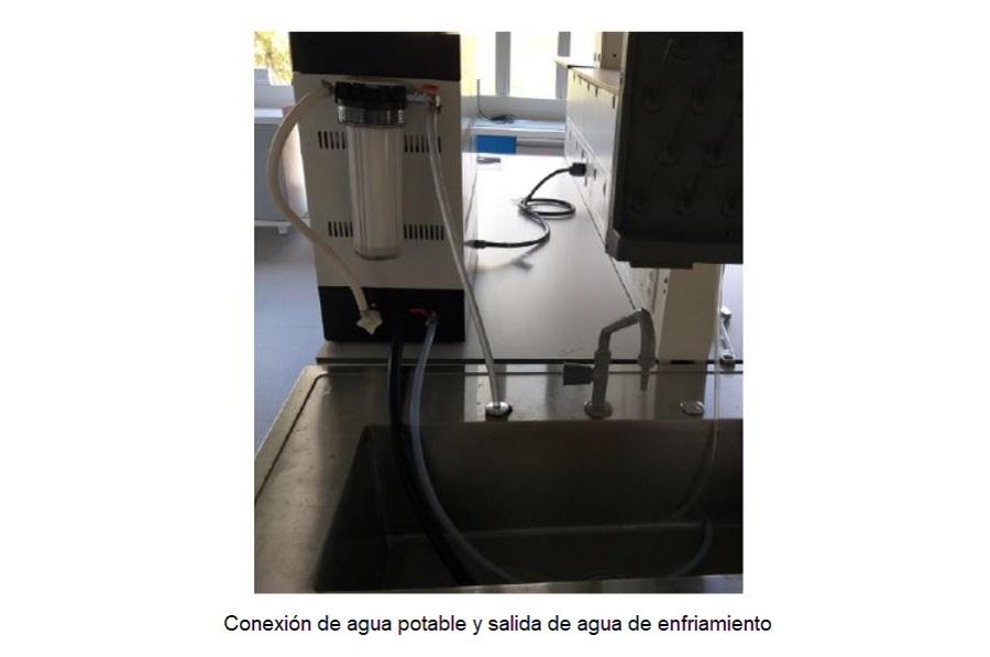 Conexión de agua potable y salida de agua de enfriamiento del destilador de agua