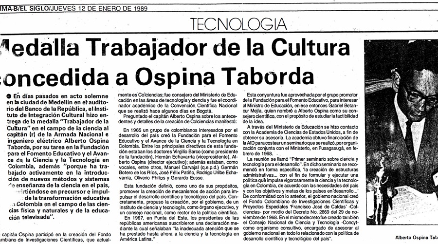 Alberto Ospina Taborda tuvo el honor de recibir la Medalla al Trabajador de la cultura del Instituto de Integración Cultural 